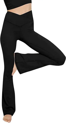Vista 2 de Pantalones de yoga cruzados para mujer, leggings de cintura alta, acampanados, pantalones acampanados de pierna acampanada, pantalones deportivos