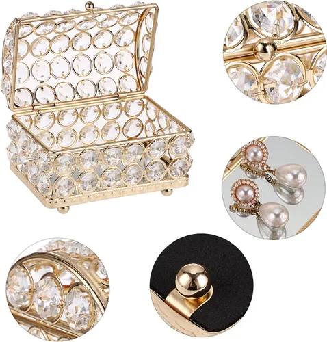 Vista 3 de ELLDOO Joyero de cristal, caja organizadora de aretes, anillos, decoración del hogar, caja decorativa con tapa, regalo dorado para San Valentín