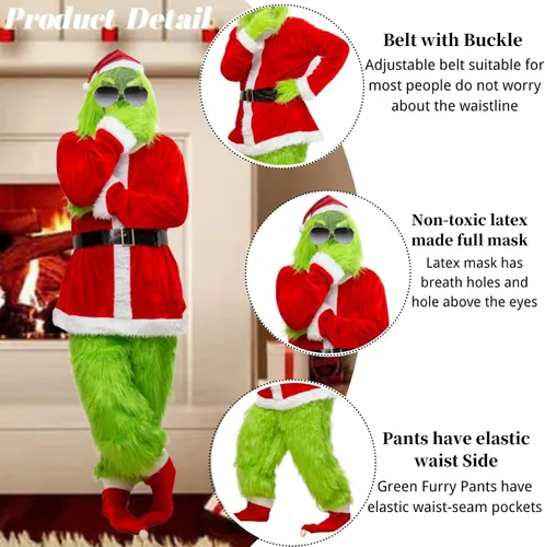 Vista 3 de ALYSSE Trajes de Papá Noel peludo verde para adultos, 7 piezas de disfraz de Papá Noel de lujo para hombres, cosplay de Navidad, incluye máscara