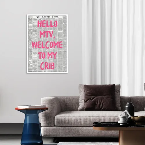 Vista 3 de DVBOCS Pósteres retro de Hello Mtv Welcome To My Crib, fuente rosa, arte de pared en lienzo de periódico, impresiones de pintura de afirmación