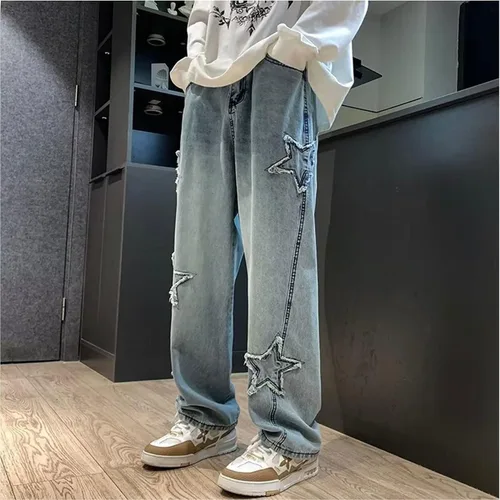 Vista 2 de Pantalones vaqueros Y2k para hombre, estilo hip hop, holgados, con estrellas, pantalones de mezclilla de pierna recta, pantalones deportivos