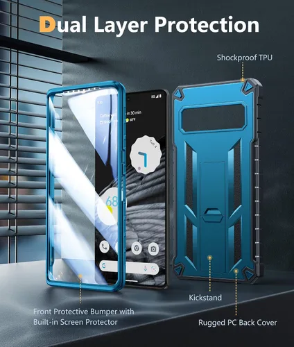 Vista 5 de FNTCASE Funda para teléfono Google Pixel 7-Pro: protección a prueba de golpes con protector de pantalla integrado y función atril, resistente