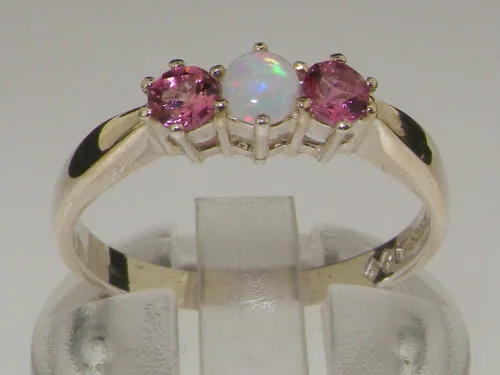 Vista 3 de Anillo de plata de ley 925 auténtica auténtica con ópalo y turmalina rosa para mujer