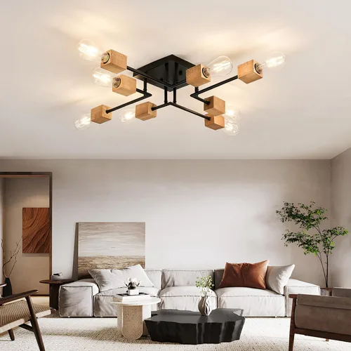 Vista 7 de Lámpara Sputnik moderna de 8 luces, color negro y madera, estilo retro, mate, lámpara de techo bohemia para cocina, comedor, sala de estar