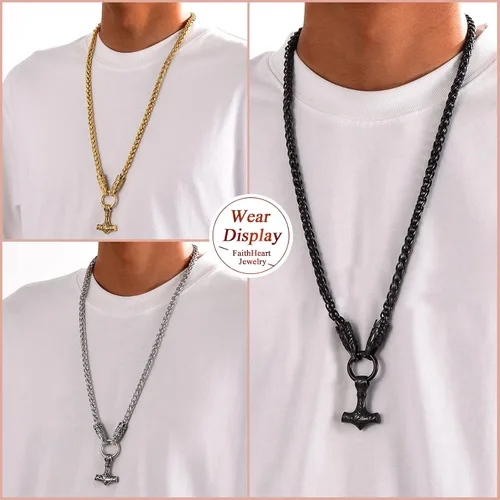 Vista 3 de FaithHeart Collar punk nórdico vikingo para hombre collar grueso acero inoxidable Mjolnirnudo celta cabeza de lobo colgante de amuleto joyería