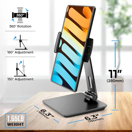 Vista 5 de ROADOM Soporte para tableta, soporte giratorio ajustable de 360°, abrazadera inclinable de 180°, soporte plegable para tableta de 4.7-17.3 pulgadas