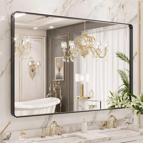 Vista 62 de LOAAO 20x16 Pulgadas Espejo de Baño con Marco de Metal Negro para Pared, Espejo de Tocador de Baño de Estilo Granja, Espejo Grande Rectangular