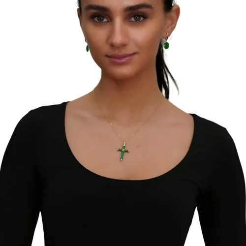 Vista 3 de Beaux Bijoux Colgante de cruz de piedras preciosas naturales para mujer, colgante de jade verde natural, jade lavanda u ónix en oro de 14 quilates