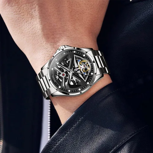 Vista 3 de OLEVS Watches for Men Skeleton Automatic Mechanical Watches Self Winding Waterproof Dress Mens Watches Fashion Business Luminous Male Wrist Watches