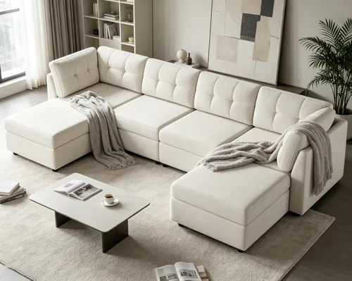 Vista 9 de VANOMi Sectional L-Shaped Sofa for Living Room, Modualr Sofa Couch, Beige