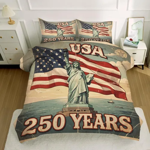 Vista 7 de kxry Juego de edredón de 250 años de Estados Unidos, tamaño individual, ropa de cama vintage de estatua de la libertad y bandera estadounidense