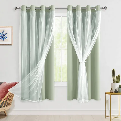 Vista 68 de Hiasan Cortinas opacas con superposición transparente, aislamiento térmico para mezclar y combinar de doble capa, cortinas de oscurecimiento de Beige
