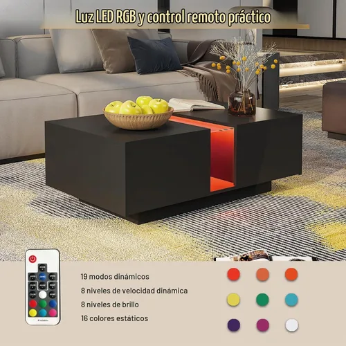 Vista 5 de HedoAjim - Mesa de café LED negra para sala de estar, mesa rectangular de sala de estar con almacenamiento, mesas de café acrílicas con 2 cajones