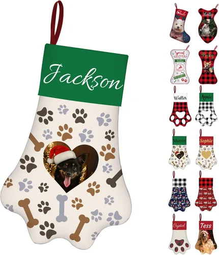Vista 19 de Calcetines de Navidad personalizados con foto de nombre, medias personalizadas en forma de hueso para perros, gatos, mascotas, medias de Navidad
