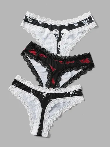 Vista 2 de WDIRARA Conjunto de ropa interior para mujer, paquete de 3 unidades, estampado gráfico de calavera