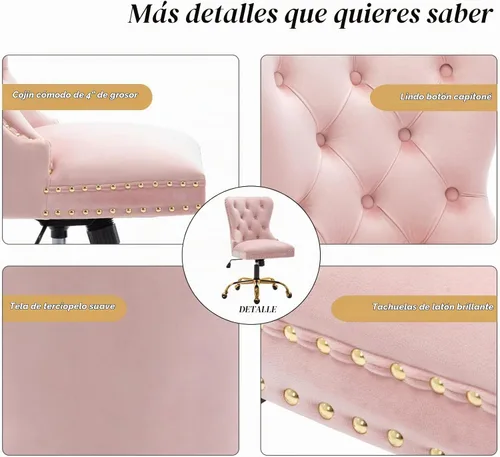 Vista 7 de Moderna silla giratoria de terciopelo, silla de escritorio de maquillaje copetuda con ruedas y base dorada, cómoda silla de escritorio tapizada