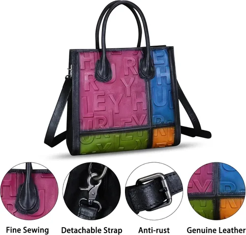Vista 6 de Bolso de cuero genuino para mujer, bolso de cuero en relieve, bolso de mano con asa superior, bolso cruzado de trabajo
