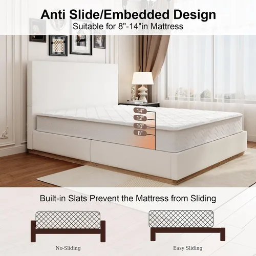 Vista 8 de Base de cama matrimonial con cabecero, plataforma tapizada de terciopelo con base de madera cerrada, estructura de metal y soporte de listones