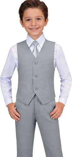 Vista 11 de Visaccy Traje formal para niños, traje de esmoquin ajustado para niños Traje negro corbata azul cuadros (4 piezas)