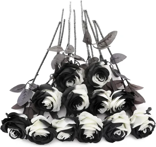 Vista 21 de Laelfe 12 PCS Flores Artificiales Rosas Negras, Flores de Seda Falsas de Tallo Largo Rosa Artificial para Decoraciones de Halloween Hogar Boda Negro