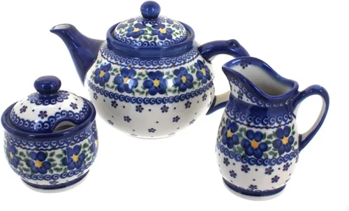 Vista 4 de Cerámica polaca de rosa azul, juego de té de 3 piezas de flor de manzana, tetera de 4 tazas, cerámica polaca pintada a mano, servicio de café y té