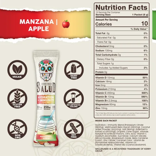Vista 3 de Salud - Paquetes de hidratación 2 en 1 + electrolitos inmunes en polvo, manzana, mezcla de bebida Manzana Agua Fresca, saúco, sin lácteos y soja