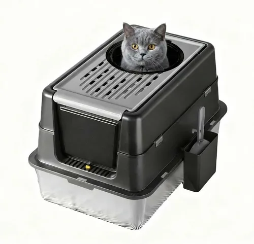 Vista 9 de Caja de arena para gatos de acero inoxidable con tapa, caja de arena de metal cubierta cerrada con tapa abatible de 180°, caja para gatos de alta