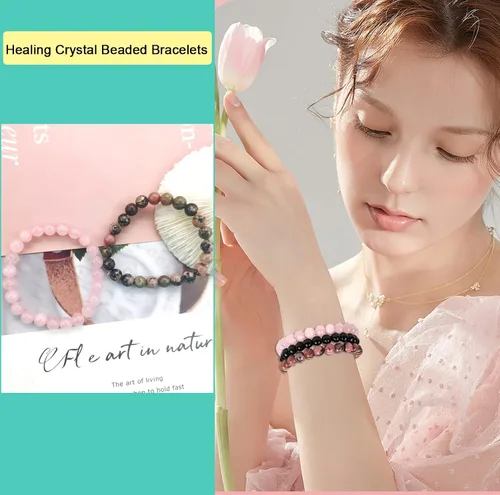Vista 2 de 3 pulseras de cuentas de piedras semipreciosas de 0.315 pulgadas para mujeres y hombres, pulseras de piedra de cristal curativo, pulseras elásticas