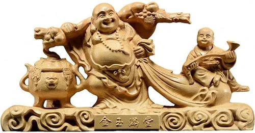 Vista 14 de Estatua de Buda Maitreya Maitreya tallada a mano de boj natural (ventilador de bolsa de tela)