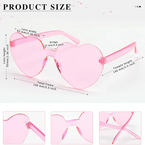 Vista 3 de 10 pares de lentes de sol con forma de corazón para mujer, sin marco, transparentes, a granel, regalos de despedida de soltera, Rosado