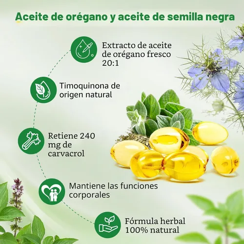 Vista 4 de Aceite de orégano con aceite de semilla negra, cápsulas de aceite de orégano de 6000 mg para apoyo inmunológico con alto contenido de carvacrol