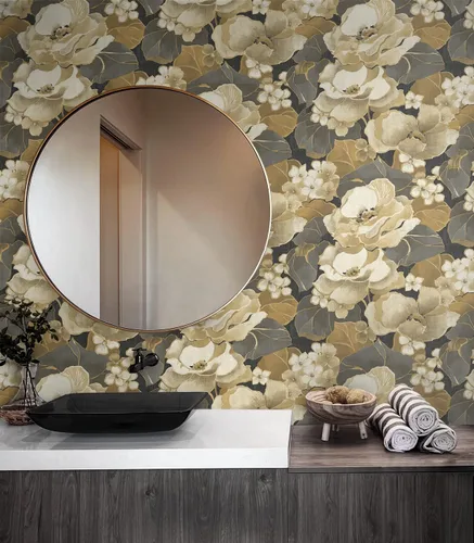 Vista 2 de NextWall Nouveau - Papel tapiz floral para despegar y pegar (ébano y oro antiguo)