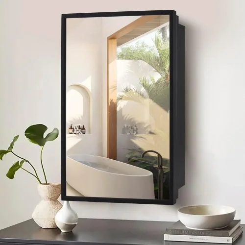 Vista 9 de Movo Botiquín de medicina con espejo, 16 x 24 pulgadas, marco de metal negro, empotrado, gabinete de medicina empotrado para baño, montado