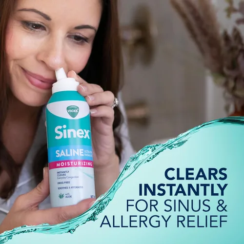 Vista 3 de Vicks Sinex Spray nasal hidratante salino, con aloe, niebla ultrafina sin medicamentos, limpia la congestión sinusal diaria rápida, elimina