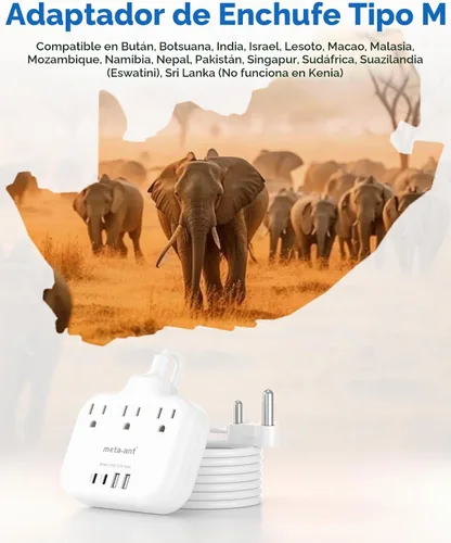 Vista 7 de Adaptador de Enchufe de Sudáfrica, Adaptador Tipo M para Sudáfrica con 3 Tomas de CA y 4 Puertos USB (2 USB C) 15.5W, Cable de Extensión de 3FT