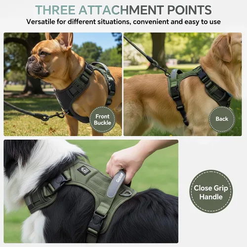 Vista 3 de Arnés táctico resistente para perros pequeños, arnés para perro sin tirones con asa y clip frontal, acolchado suave reflectante, panel de , chaleco