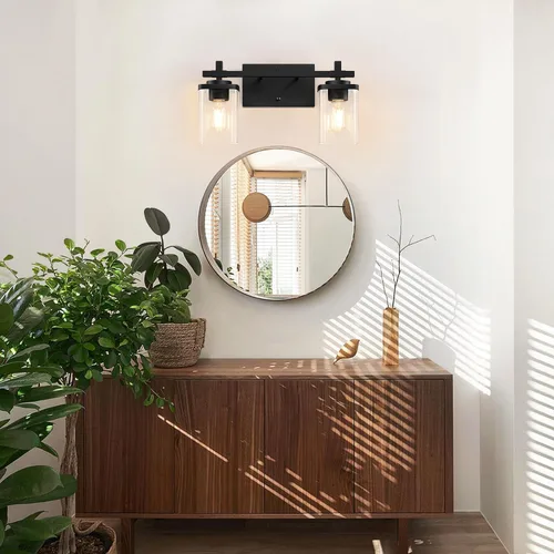 Vista 6 de 2 luces de tocador de baño, accesorios de luz de tocador negro mate sobre espejo, apliques de pared modernos con pantalla de vidrio transparente