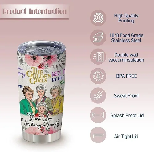 Vista 3 de Golden Girls - Taza de vaso con tapa, mercancía Golden Girl, regalos Goldengirls para ella, botella de agua aislada de 20 onzas, taza de café