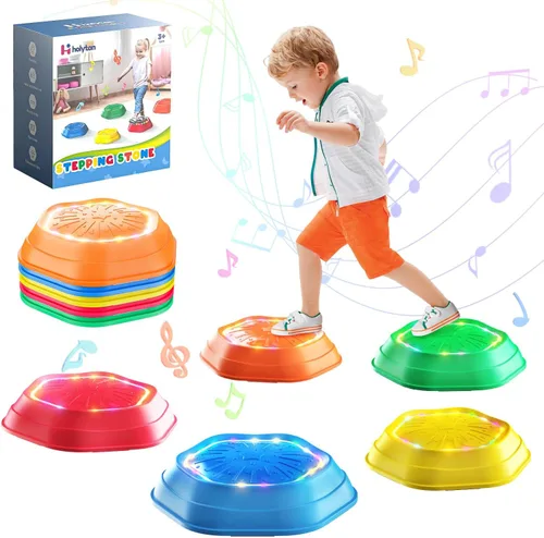 Vista 10 de Holyton Piedras iluminadas para niños, paquete de 5 juguetes de equilibrio sensorial musical con baterías recargables, piedras antideslizantes