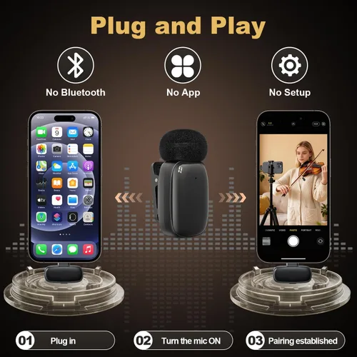 Vista 6 de Mini micrófono inalámbrico Lavalier para iPhone, iPad, Android, batería de larga duración de 30 horas, rango inalámbrico de 100 pies, cancelación