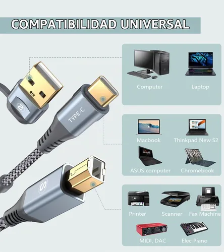 Vista 6 de Cable de impresora 2 en 1 USB-A/C a USB-B de 6.6 pies, cable MIDI tipo C trenzado de alta velocidad cable de impresora para HP Canon Dell Epson