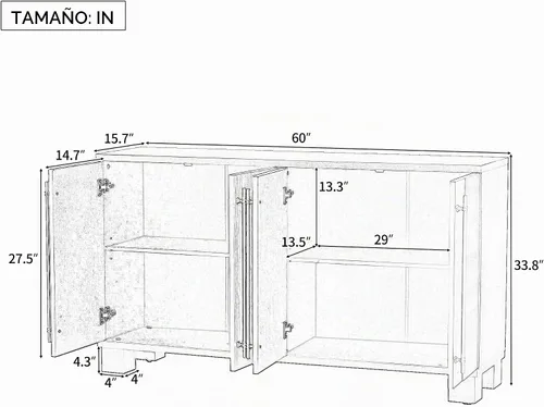 Vista 2 de Armario de almacenamiento de madera con estantes ajustables, mesa de consola de estilo tradicional con manija de puerta de flores talladas para sala