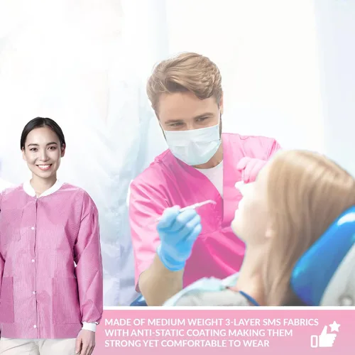 Vista 55 de Paquete de 10 chaquetas desechables de laboratorio, chaqueta médica reutilizable hasta la cadera, unisex, con puños de punto y bolsillos