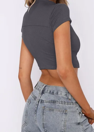 Vista 5 de MISSACTIVER Camiseta corta de punto acanalado para mujer, con punto de contraste, cuello alto falso, manga casquillo, corte ajustado