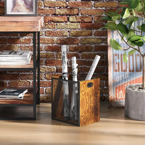 Vista 3 de Huxitocan - Cubo de basura retro para oficina, combinación de hierro y madera para dormitorio, cesta de basura rectangular con asa, diseño