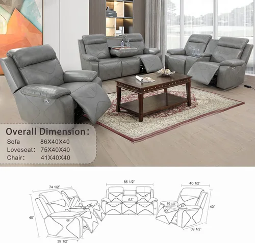Vista 6 de Juego de sofá reclinable eléctrico con luces LED, sofá de cuero con puerto USB, muebles de sala de estar con consola de almacenamiento/portavasos