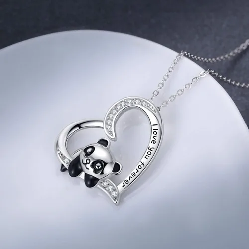 Vista 3 de JUSTKIDSTOY Collar de panda regalo para el día de la madre plata de ley 925 lindo colgante de corazón de animal joyería I Love You Forever