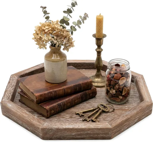 Vista 12 de Bandeja decorativa redonda para mesa de café, mesa de comedor, encimera, pequeñas bandejas de servir de madera, decoración de cocina de granja