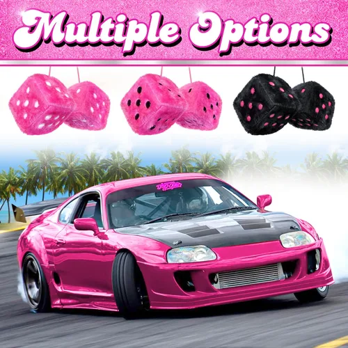Vista 5 de Dados Peludos Negros Accesorios para Automóvil – Accesorios de Coche de Felpa Rosa Lindos para Interior – Adornos Decorativos Colgantes de Felpa