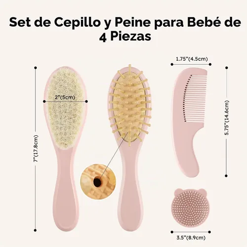 Vista 7 de Yoofoss Juego de 4 cepillos y peine para el pelo del bebé, cepillo de madera para el pelo del bebé con pelo de cabra ultra suave natural, juego